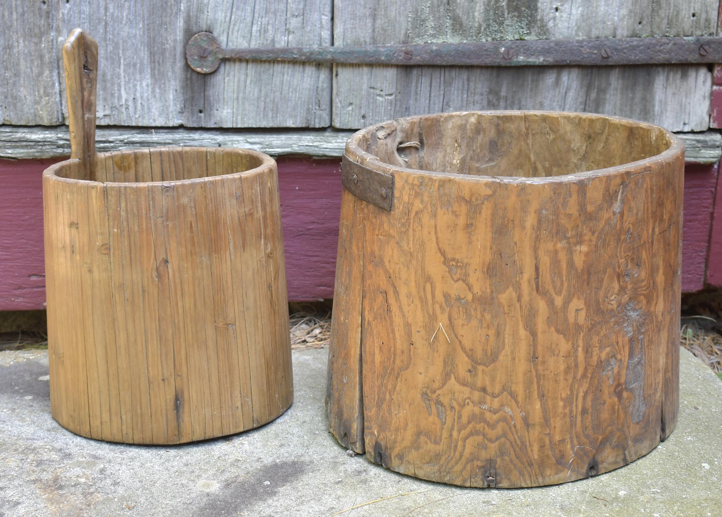 Appraisal: TWO EARLY WOOD BUCKETS th C round tapered elm bucket