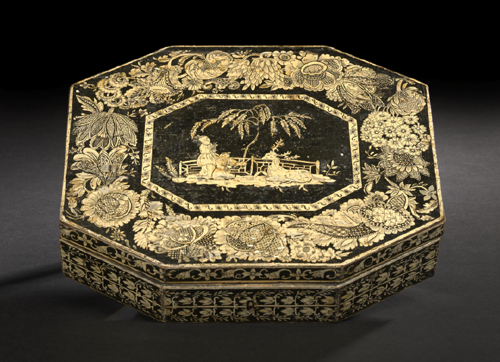 Appraisal: English Regency Ivory and Black Penwork Octagonal Box first quarter