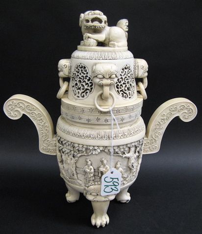 Appraisal: CHINESE CARVED BONE CENSER double handled ornate carved decoration with