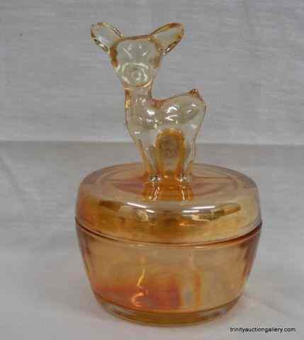 Appraisal: c 's Merigold Glass Fawn Powder JarProduced by Jeannette Glass