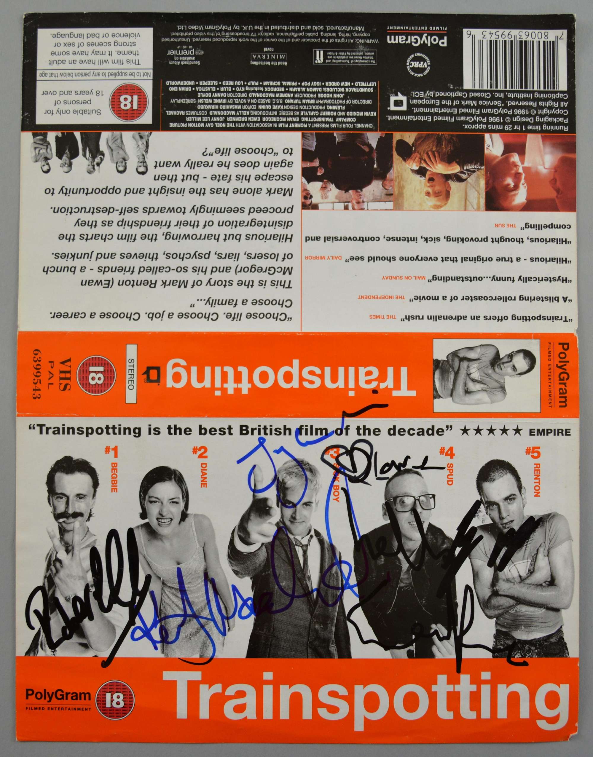 Appraisal: Trainspotting VHS cover fully signed by five including Ewan McGregor