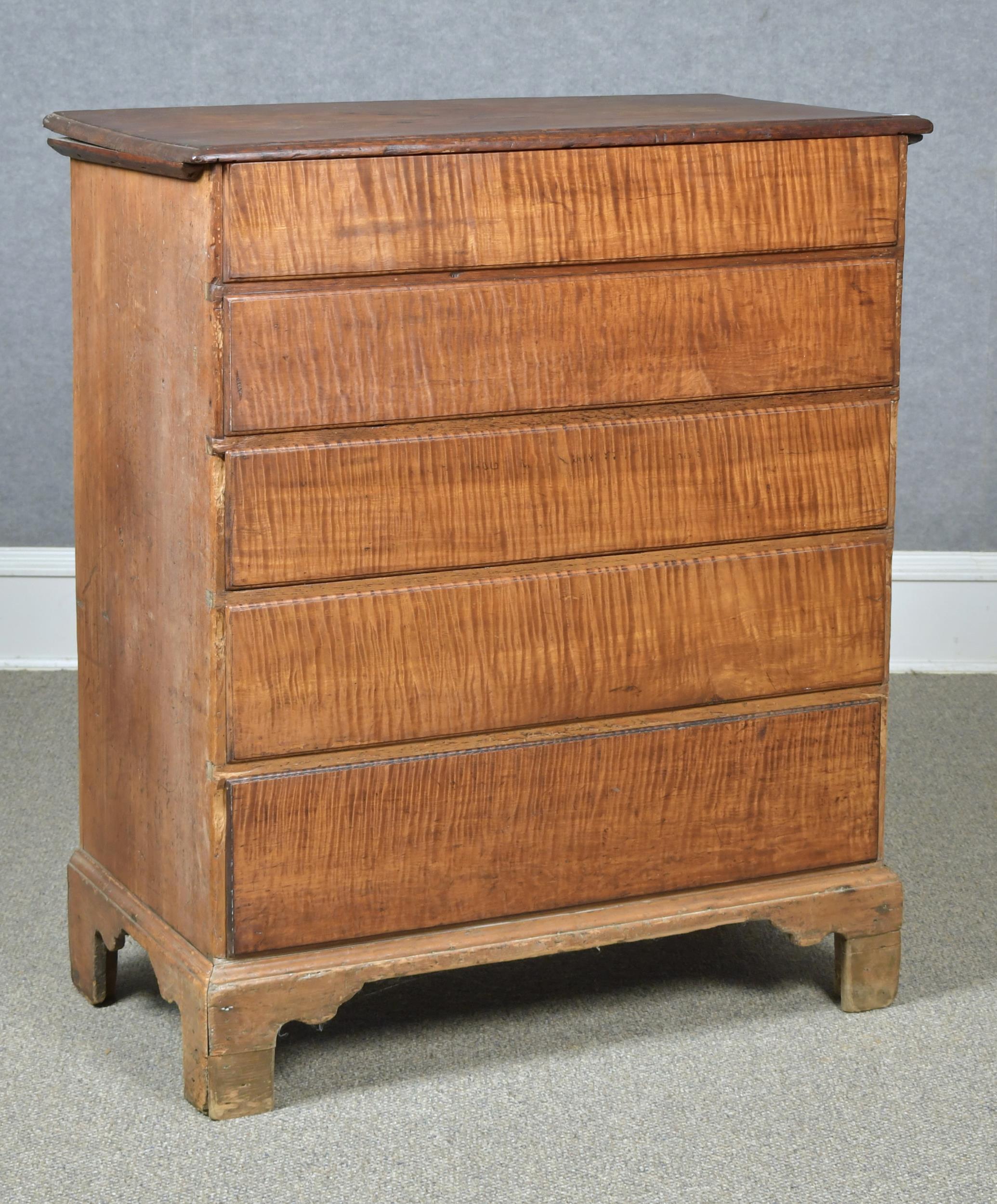 Appraisal: TH C CHIPPENDALE TIGER MAPLE BLANKET CHEST Single board pine