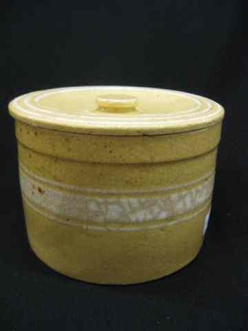 Appraisal: Yelloware Covered Crockery Butter Tub white banded decor '' crack