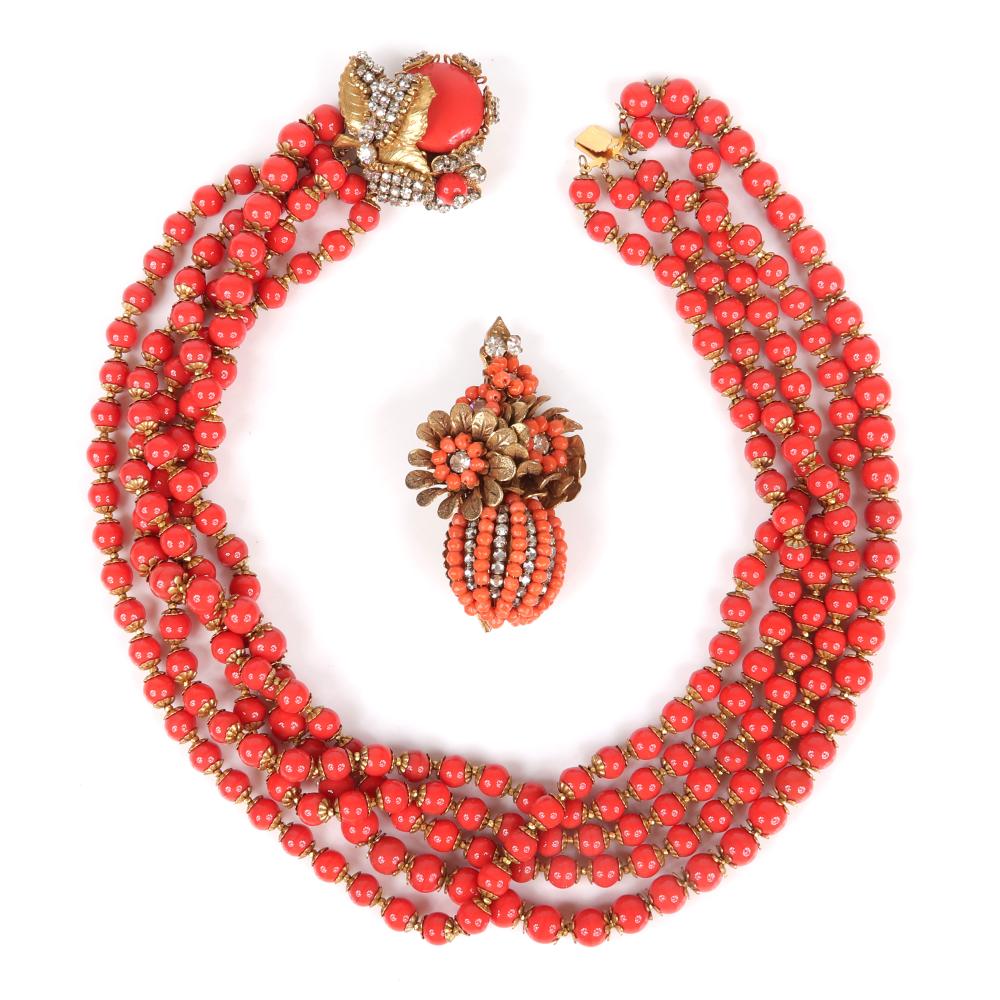 Appraisal: MIRIAM HASKELL FAUX CORAL GROUP -STRAND GRADUATED LOOPING BEAD NECKLACE