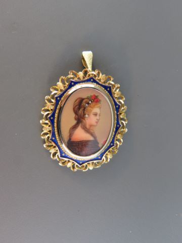 Appraisal: k Gold Enameled Pendant or Brooch miniature painting on ivory