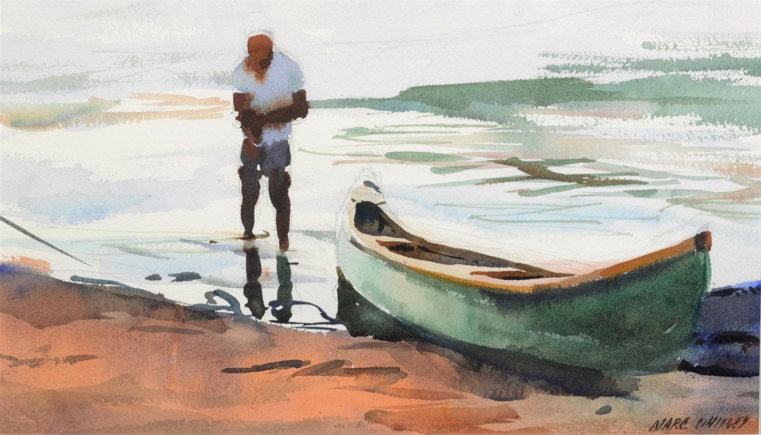 Appraisal: Marc Whitney American Active CA b watercolor Man and Canoe