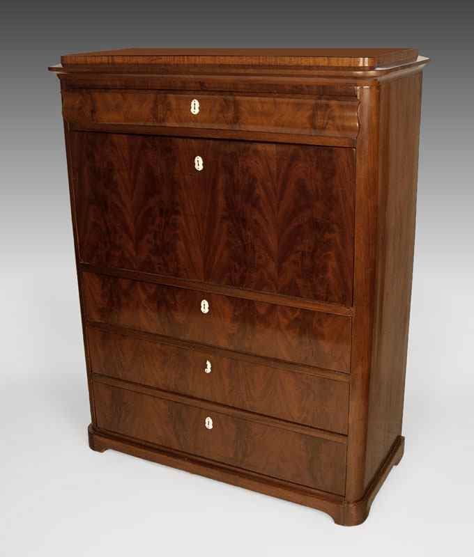 Appraisal: TH CENTURY SECRETAIRE ABATTANT Crotch grain mahogany veneers Four full