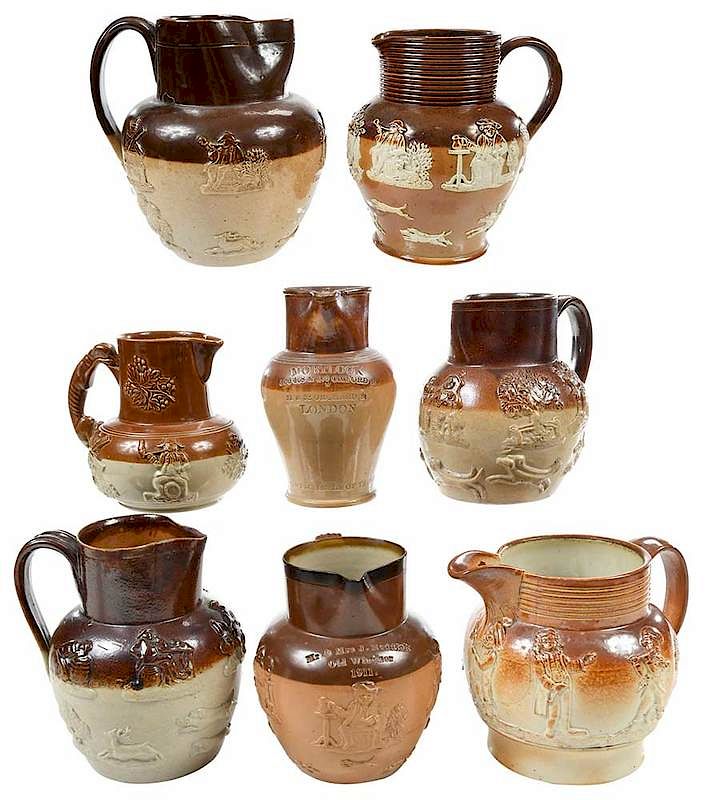 Appraisal: Eight Stoneware Tavern Pitchers British th early th one pitcher