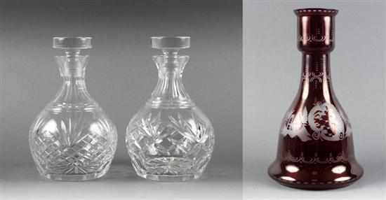 Appraisal: Two crystal decanters possibly Waterford and a Bohemian ruby etched-to-clear