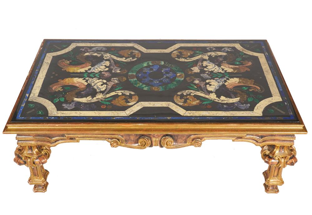 Appraisal: SCAGLIOLA CARVED GILT WOOD COFFEE TABLETrompe l'oeil pietra dura Scagliola