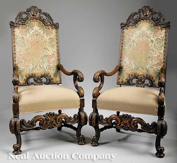 Appraisal: A Pair of Finely Carved Antique Charles II-Style Walnut Armchairs