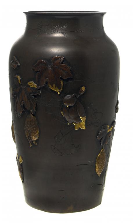 Appraisal: A BRONZE VASE of shouldered form carved and inlaid with