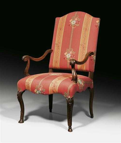 Appraisal: WALNUT ARMCHAIR Louis XV German circa Carved with hoof feet