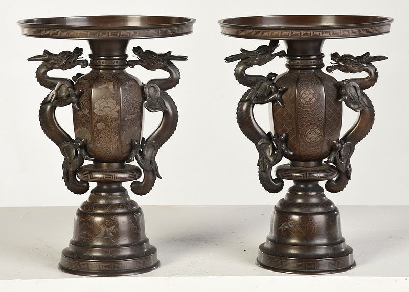 Appraisal: Pair Japanese Inlaid Bronze Ikebana Usabata Vases probably Meiji Period