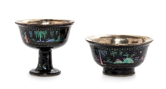 Appraisal: Two Mother-of-Pearl Decorated Black Lacquered Silver Wares Height of taller