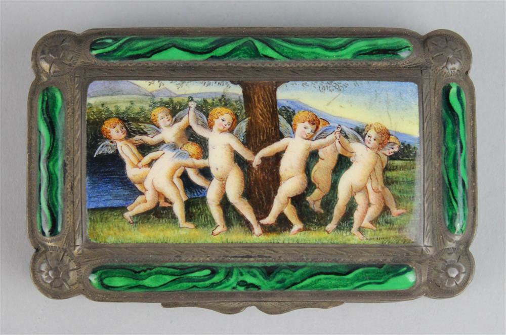 Appraisal: ITALIAN ENAMEL MOUNTED SILVER BOX the hinged rectangular top with