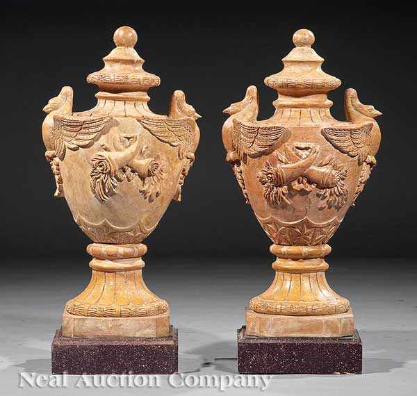 Appraisal: A Pair of French Carved Marble Urns baluster form ball