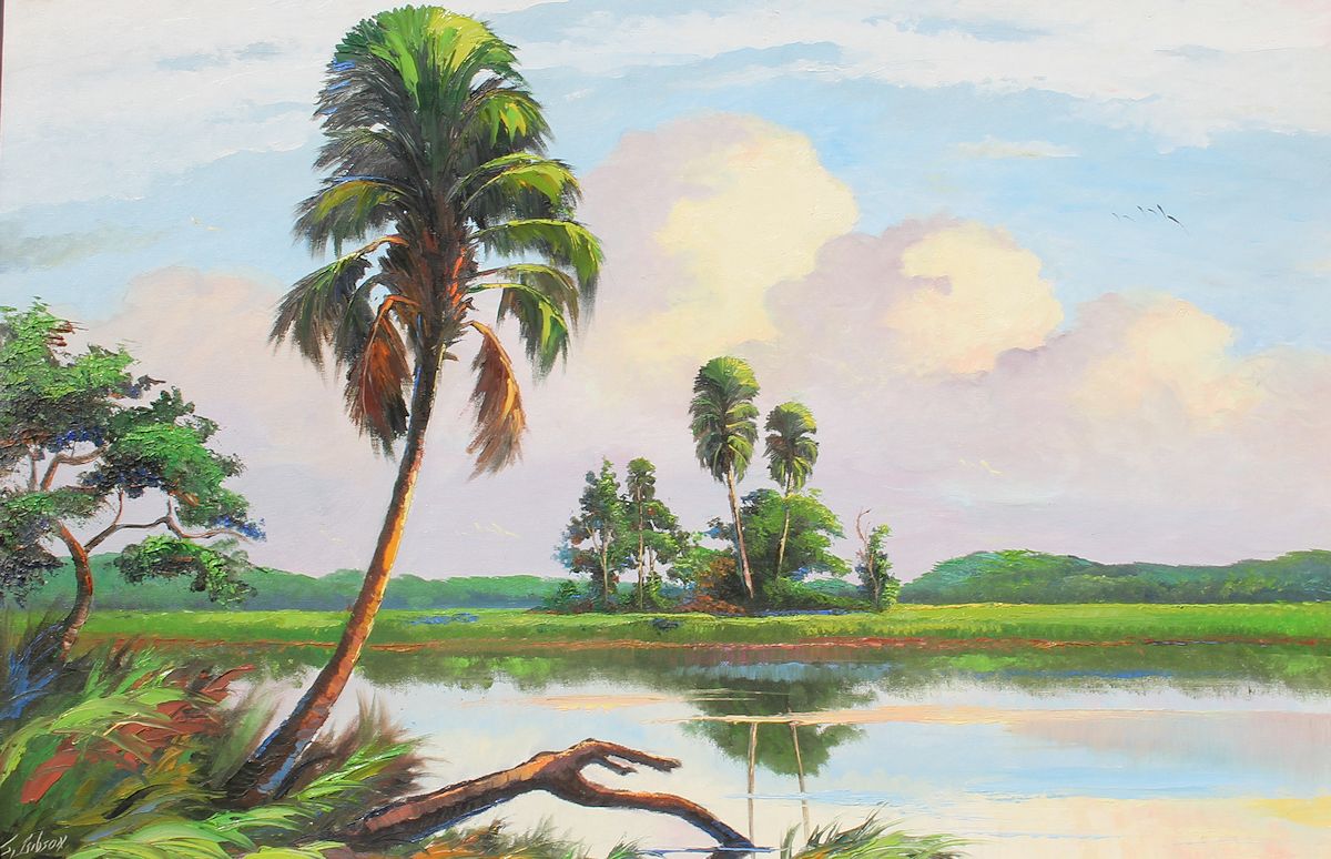 Appraisal: GIBSON James American - Florida Highwaymen backwater scene with palm