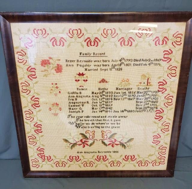 Appraisal: Handmade antique needlepoint family record by Ann Augusta Reynolds with