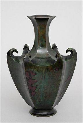 Appraisal: JAPANESE BRONZE HEXAGONAL FOOTED VASE The verdigris concave sides with