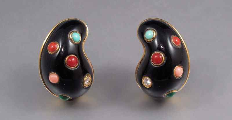 Appraisal: K ENAMEL GEMSTONE EARRINGS K black enamel earrings with two