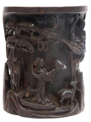 Appraisal: Chinese carved hardwood bitong brush pot deeply carved figures in