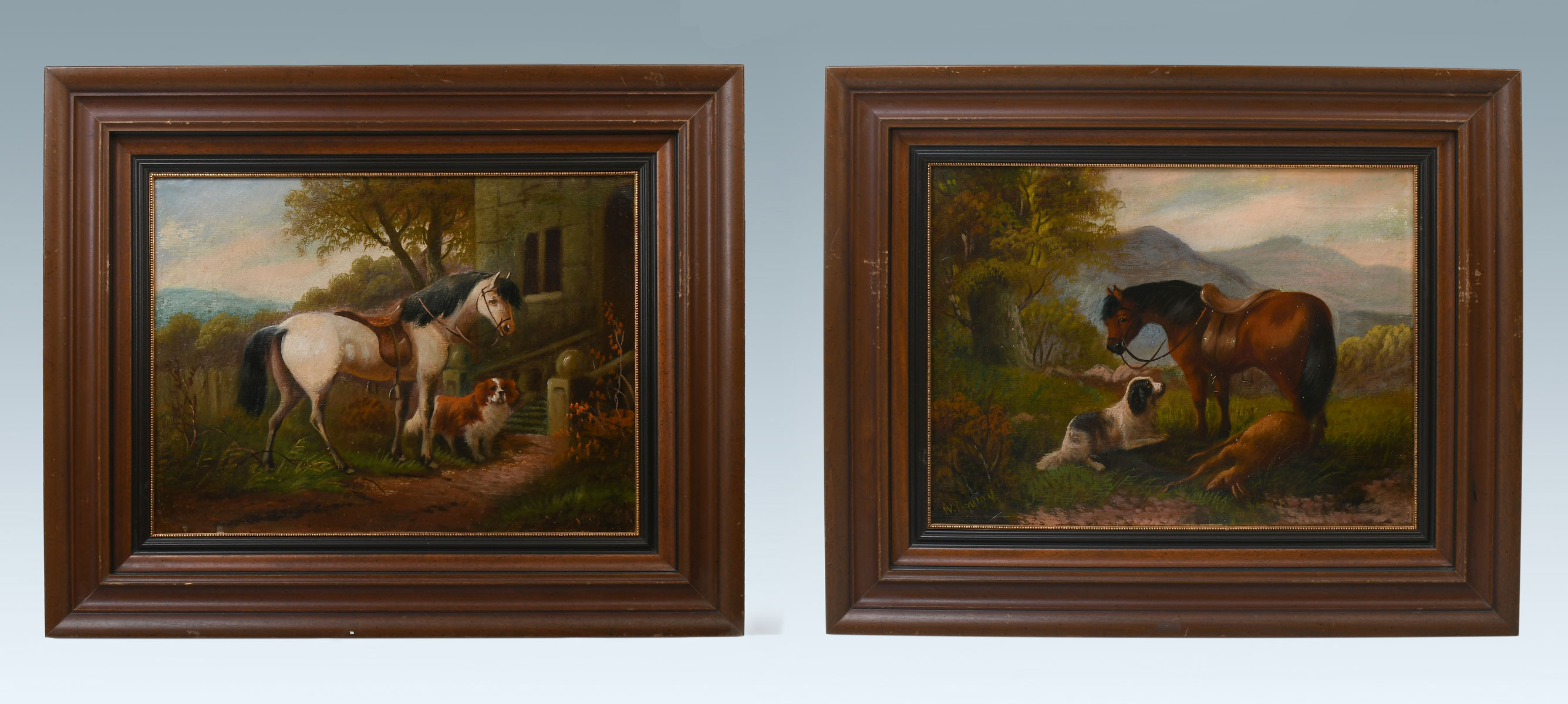 Appraisal: TWO W BENTON COUNTRY PAINTINGS WITH HORSES AND DOGS Oils