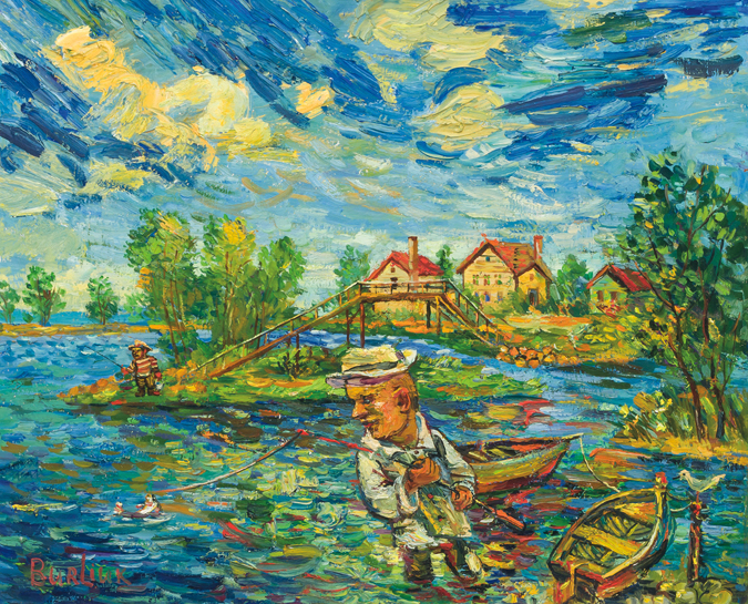 Appraisal: DAVID BURLIUK Russian American - Fishermen and Boats oil on