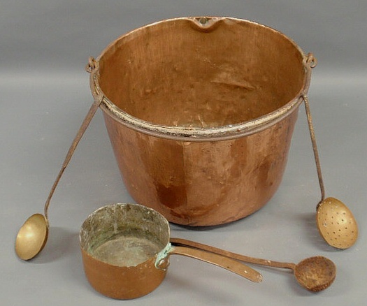 Appraisal: Group of copperware- apple butter kettle h x dia pot