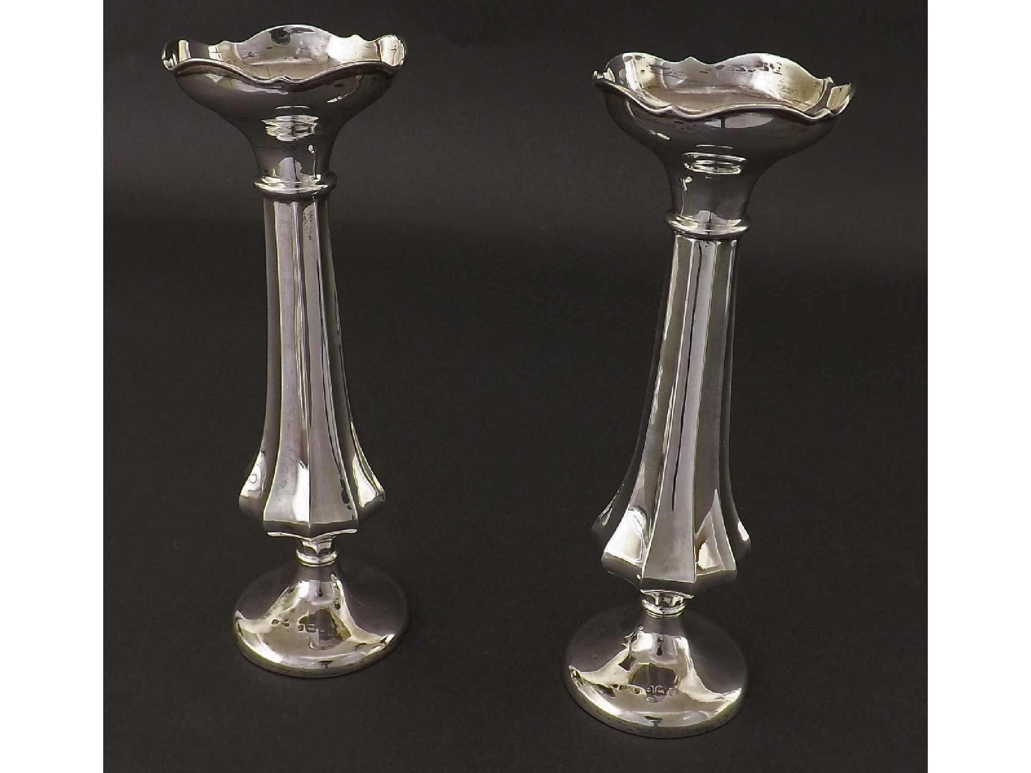 Appraisal: Pair of s silver baluster faceted spill vases maker HW