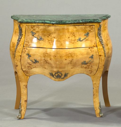 Appraisal: Louis XV-Style Elm Burl Brass-Mounted Bombe Marble-Top Commode the front