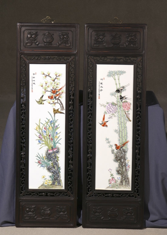 Appraisal: Pair of Chinese 'Famille Rose' Plaques of Birds and Flowers