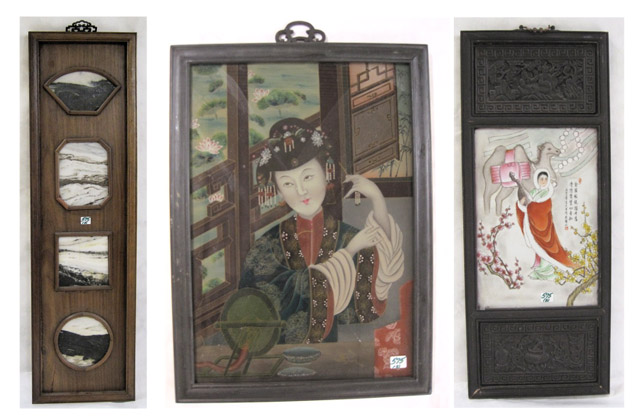 Appraisal: THREE CHINESE PIECES hand painted oil on marble woman with