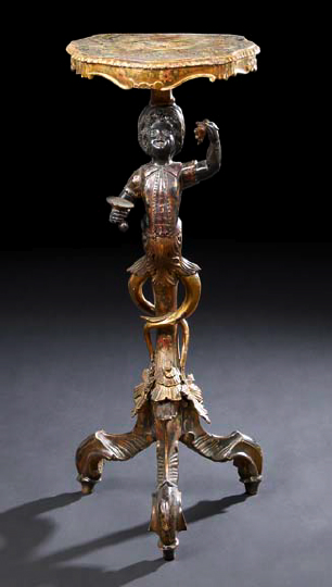 Appraisal: Good Venetian Floral-Enameled and Parcel-Gilt Wooden Nereid Blackamoor Tripodal Candlestand