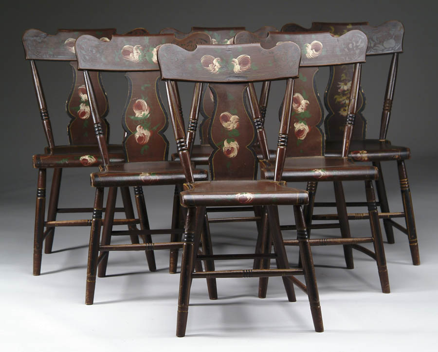 Appraisal: SET OF SIX PAINT DECORATED PLANK SEAT CHAIRS Brown painted