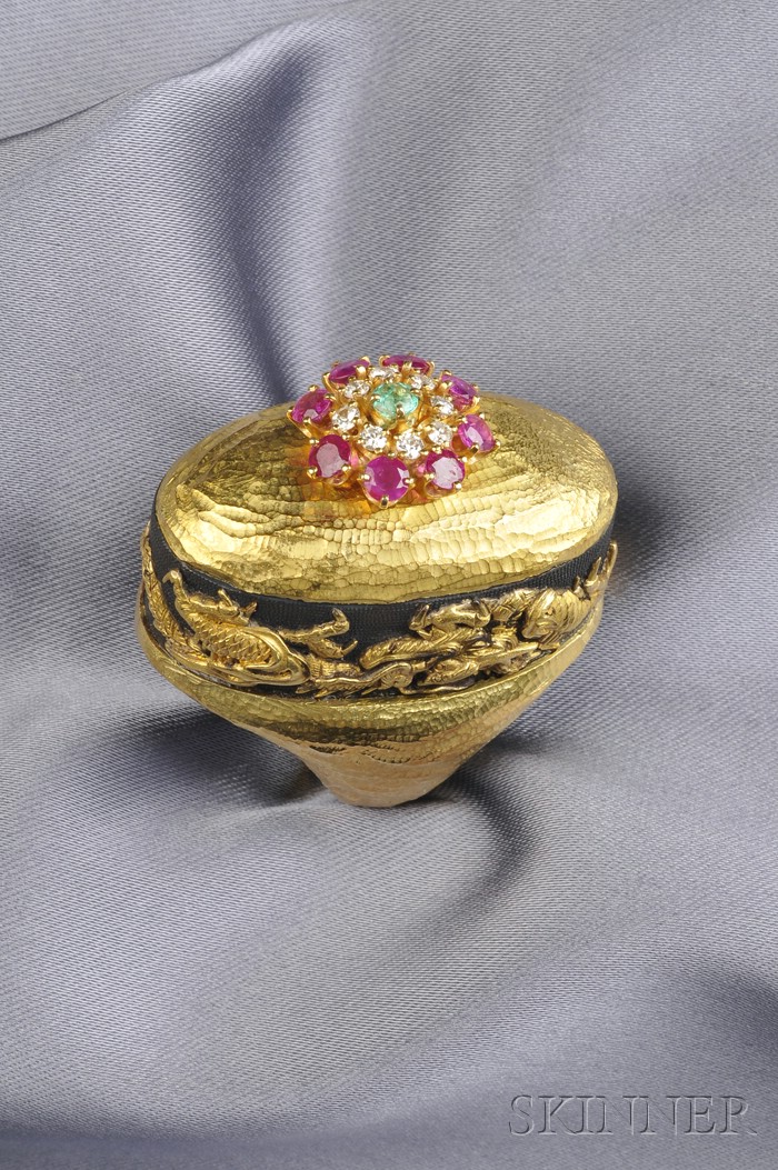 Appraisal: High-Karat Gold Shakudo and Gem-set Ring Diane Love of domed