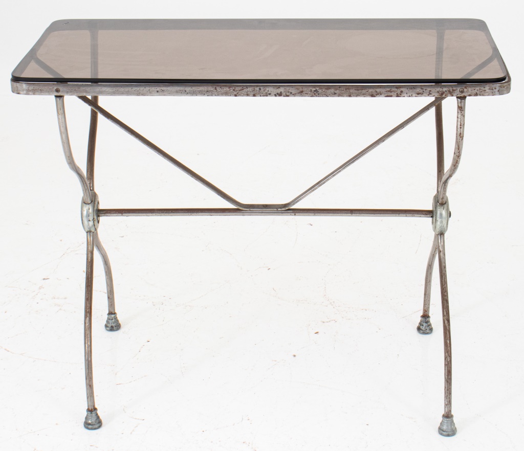 Appraisal: FRENCH STEEL GARDEN TABLE WITH GLASS TOP French steel Garden