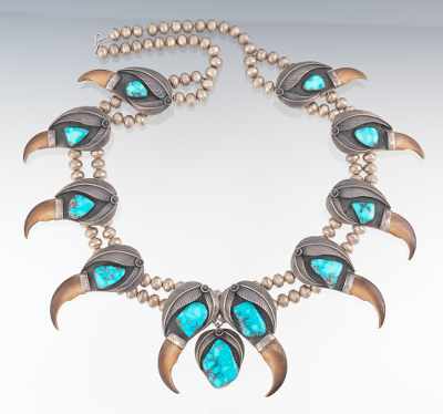 Appraisal: A Native American Turquoise and Bear Claw Squash Blossom Necklace