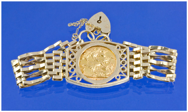 Appraisal: Sovereign Mounted Gate Bracelet Complete With Padlock Fastener And Safety