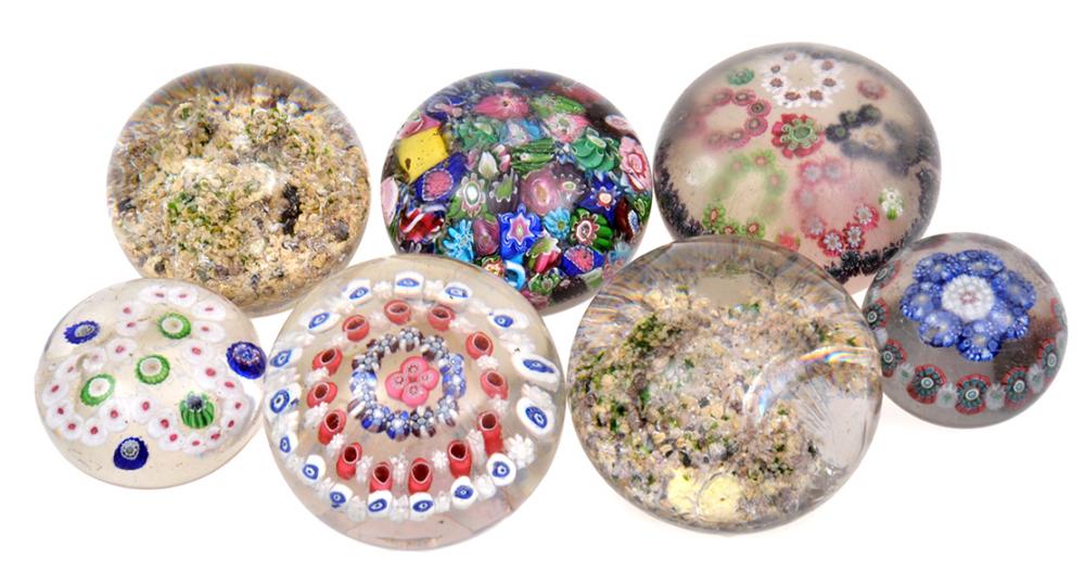 Appraisal: SEVEN ASSORTED GLASS PAPERWEIGHTS INCL MILLEFIORI CORAL ETC SOME A