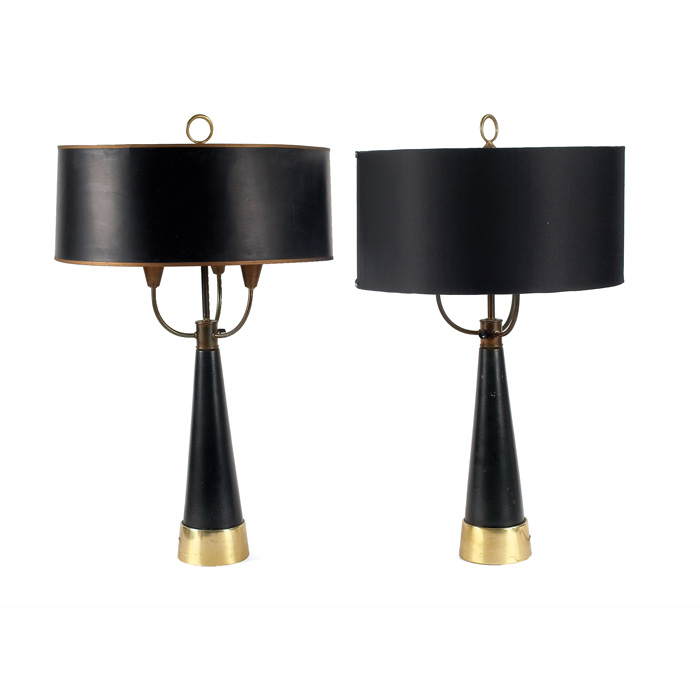 Appraisal: Lightolier table lamps pair cone-shaped black metal bases with brass