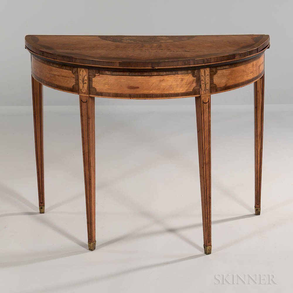 Appraisal: Georgian-style Mahogany Satinwood- and Mahogany-veneered Inlaid Demilune Card Table Georgian-style