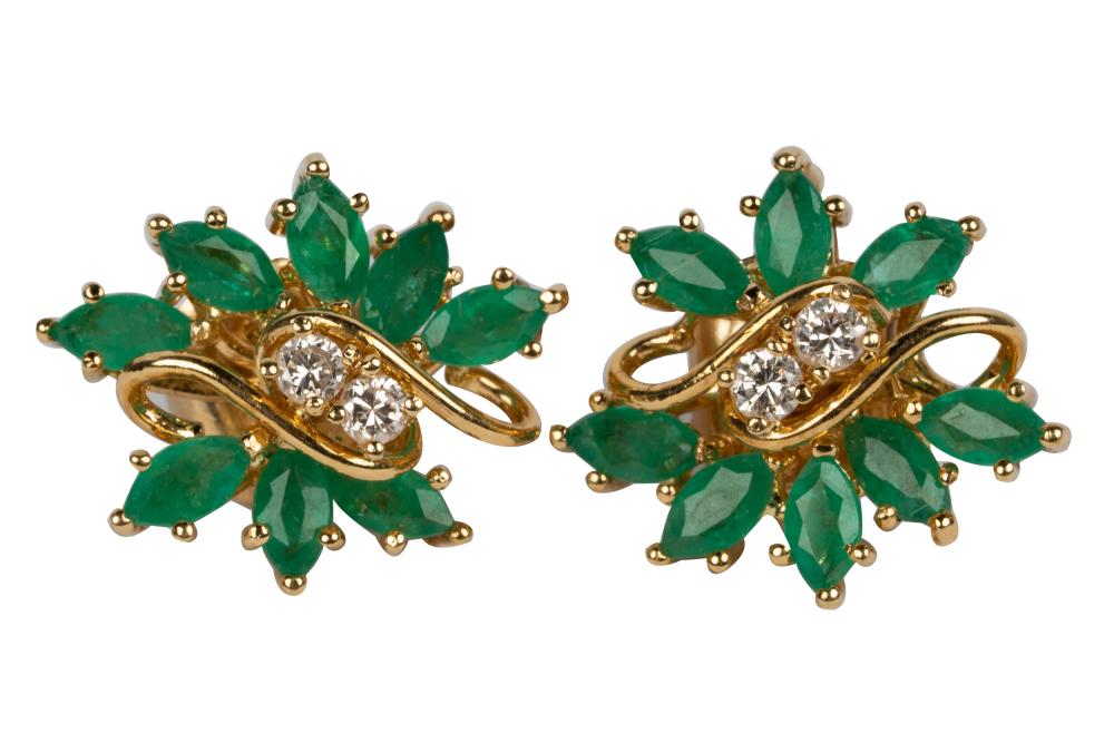 Appraisal: KARAT YELLOW GOLD DIAMOND EMERALD EARRINGScontaining marquise cut emeralds weighing