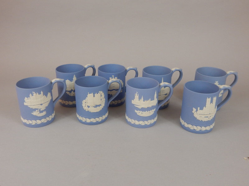 Appraisal: A group of eight Wedgwood blue Jasperware mugs Lambeth Palace