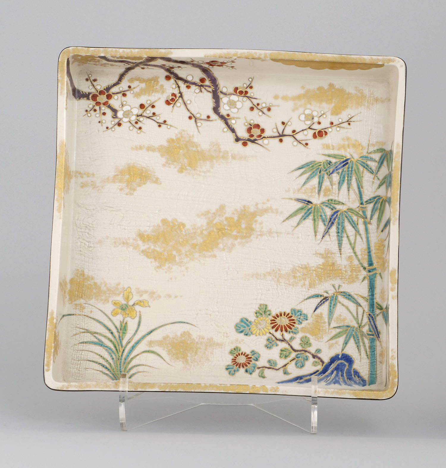 Appraisal: PORCELAIN TRAY Taisho PeriodIn square form with prunus chrysanthemum iris