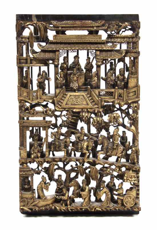 Appraisal: A Chinese Lacquered and Gilt Carved Panel depicting the facade