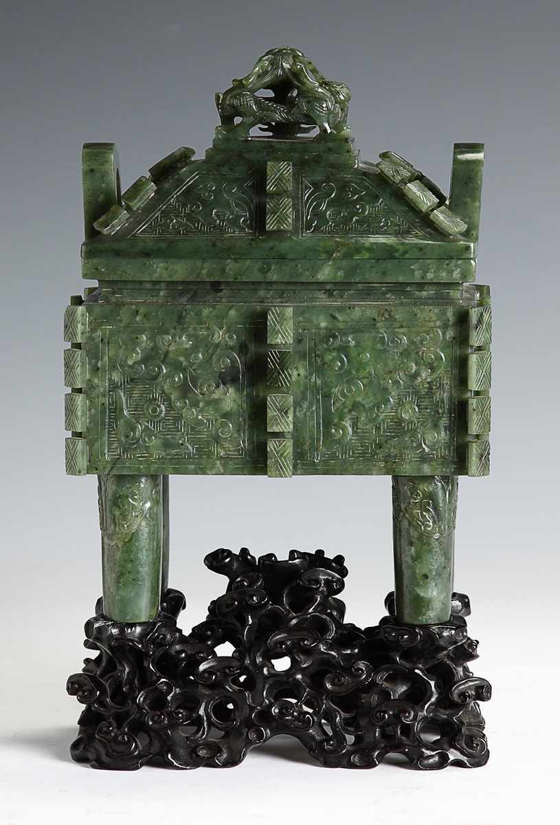 Appraisal: Fine Early Spinach Jade Censor Early Ritual vessel rectangular body