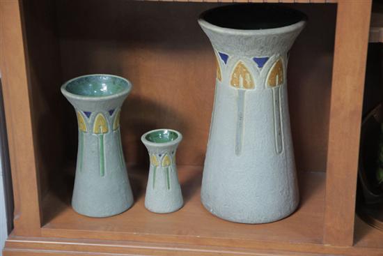 Appraisal: THREE ROSEVILLE VASES All Mostique pattern with geometric decoration ''