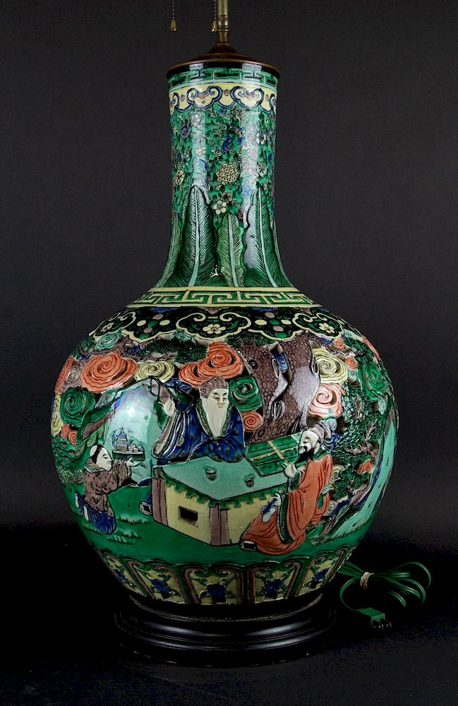 Appraisal: A Massive Double Walled Famille Verte Vase as a Lamp