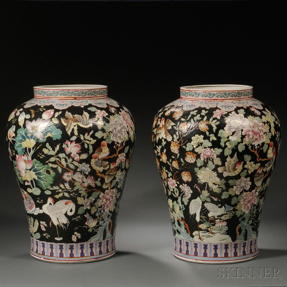 Appraisal: Pair of Large Famille Noir Vases China baluster form decorated